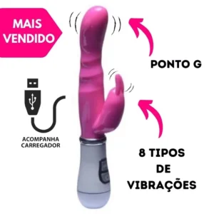 Vibrador Rabbit RECARREGÁVEL 8 modos de vibração Formato de Coelho Ponto G com Estimulador de Clitoris ZDB-45B